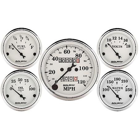 Gauge Kit; 5 Piece; 3 1/8 in./2 1/16"; Mechanical Speedometer; Old Tyme White
