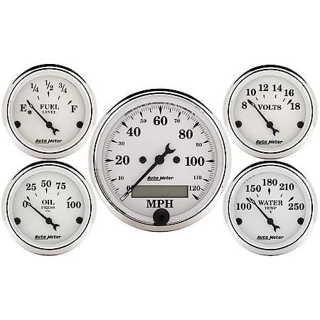 Gauge Kit; 5 Piece; 3 1/8 in./2 1/16"; Electrical Speedometer; Old Tyme White