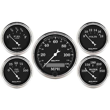 Gauge Kit; 5 Piece; 3 1/8 in./2 1/16"; Electrical Speedometer; Old Tyme Black