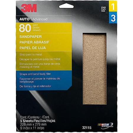 3M(Tm) Sandpaper, 32115, 80 Grit, 9 In X 11 In, 5 Per Pack