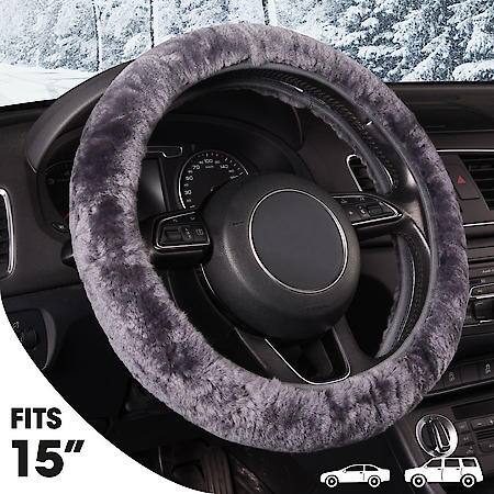AutoCraft Wool Steering Wheel Cover: Grey Sheepskin, Fits 14.5" - 15", Warm, Elastic Band Design
