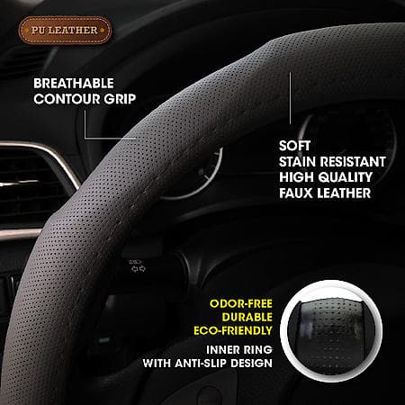 Contour Grip Steering Wheel Cover: Black Faux Leather, Fits 14.5" - 15", Breathable