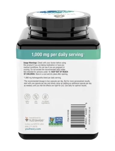 Youtheory Ashwagandha 1000mg with KSM-66 - Helps Support a Healthy Stress Response,180 Capsules (Pack of 1)