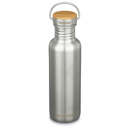 Klean Kanteen 27 oz Reflect Water Bottle with Bamboo Cap - Reusable Water Bottle - BPA-Free - Made with Stainless Steel & Food-Grade Silicone - Brushed Stainless, 27 oz