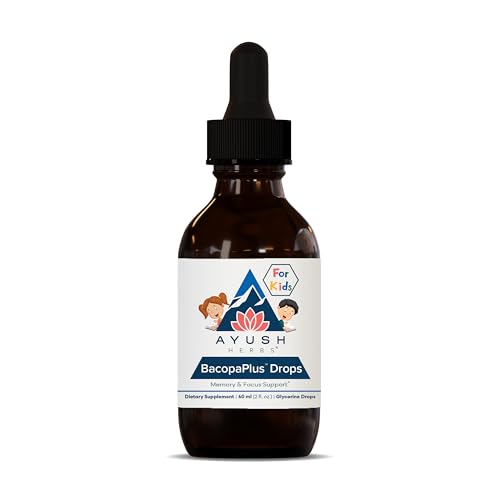 Ayush Herbs BacopaPlus Drops for Kids - Kids Focus and Attention Supplement with Bacopa, Ashwagandha, Ginkgo, Support for Brain & Memory, Organic Ingredients - 2 Fl Oz (80 Servings)