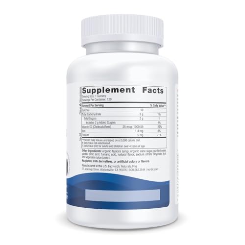 Nordic Naturals Vitamin D3 Gummies, Wild Berry - 120 Gummies - 1000 IU Vitamin D3, 1.4 mg Iron - Great Taste - Healthy Bones, Mood & Immune System Function - Non-GMO - 120 Servings