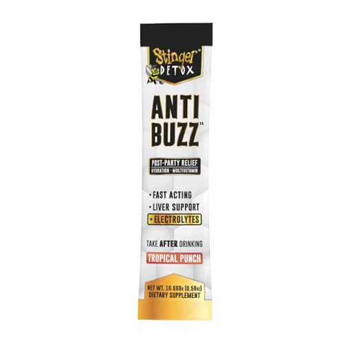 Stinger Detox Anti-Buzz Post-Celebration, Hydration & Multivitamin Packet Drink Mix | DHM, VIT. B Complex, Riboflavin, Niacin + Electrolytes | Tropical Punch 1 Pack (6 Servings)