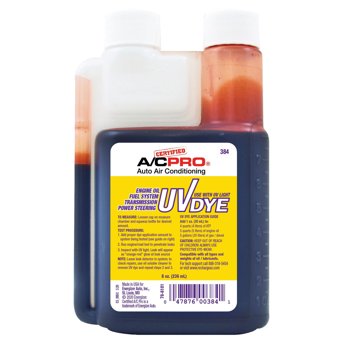 Certified A/C Pro UV Leak Detection Dye for Oil, ATF, Power Steering and Fuel Systems, 8 oz (1/1)