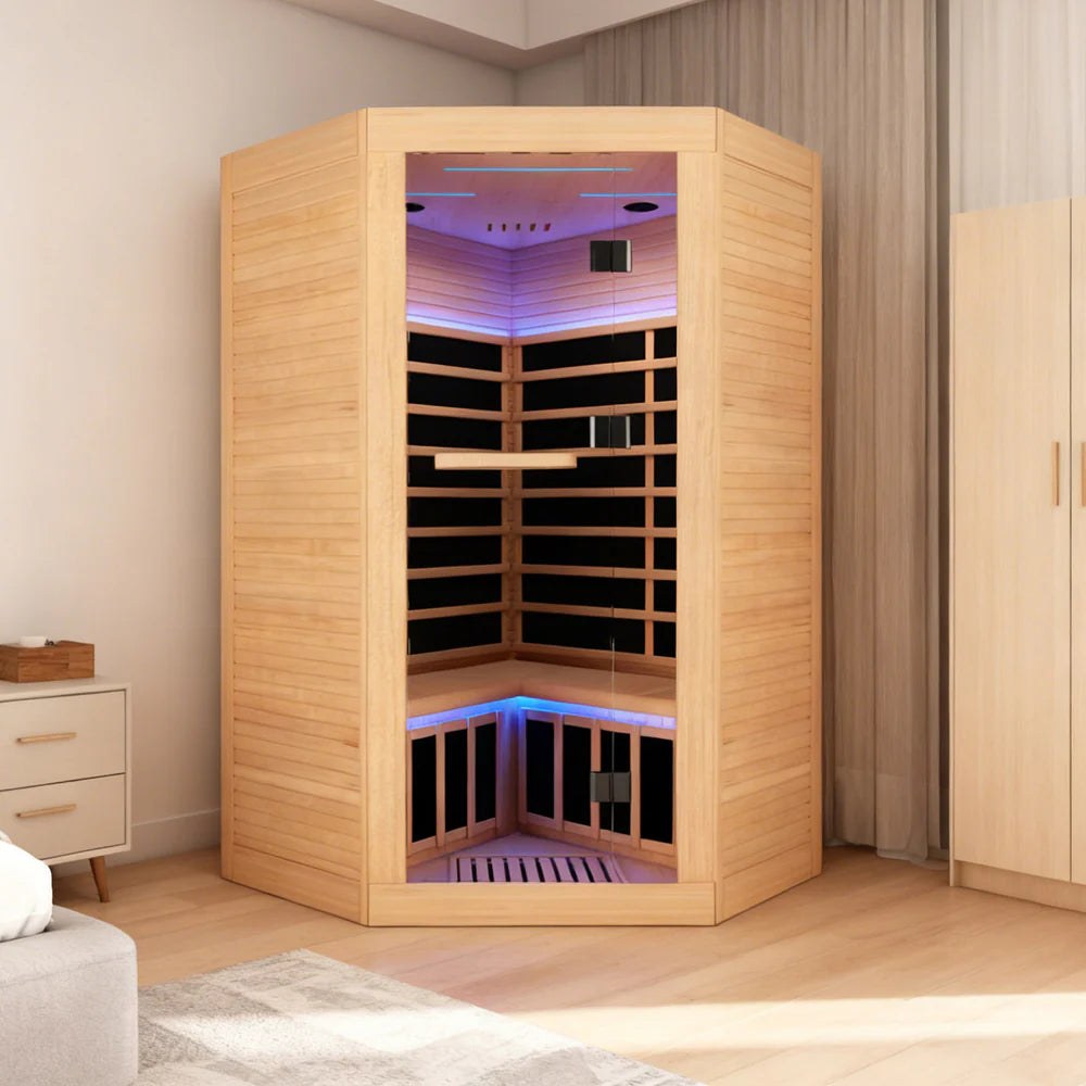 Outexer HK3 Indoor 2–3 Person Corner Infrared Sauna | Hemlock