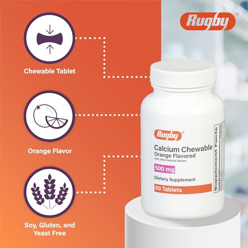 Rugby 500mg Calcium Chewable Tablets - Dietary Supplement - Orange Flavored - 60 Count