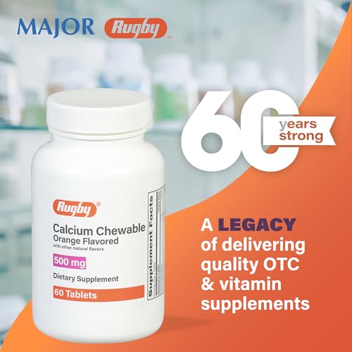 Rugby 500mg Calcium Chewable Tablets - Dietary Supplement - Orange Flavored - 60 Count