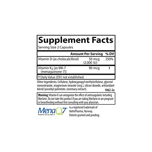 Carlson - Vitamin D3 + K2, 50 mcg (2000 IU) Vitamin D3 & 90 mcg Vitamin K2 as MK7, Bone Support, Calcium Absorption, 120 Capsules