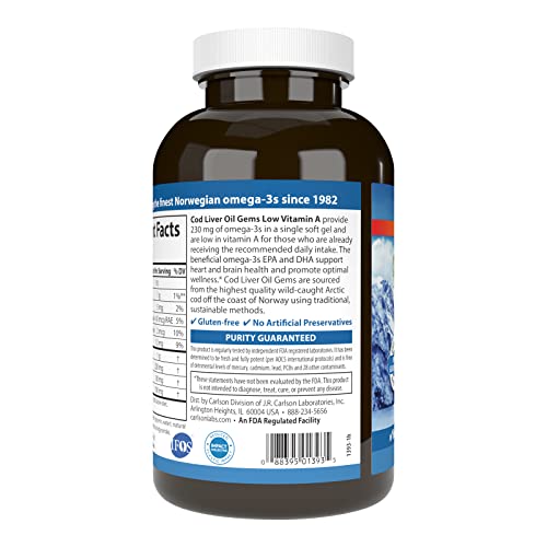 Carlson - Cod Liver Oil Gems, Low Vitamin A, 230 mg Omega-3s, Norwegian, Wild Caught, Sustainably Sourced, 300 Softgels