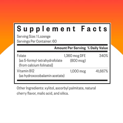 Seeking Health Hydroxo B12 with Folinic Acid, 1,000 mcg Vitamin B12 and 800 mcg DFE Folate Supplement, Supports Methylation and Homocysteine Levels, Energy Support, Vegan & Vegetarian (60 lozenges)*