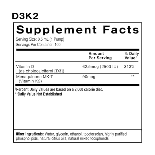 Quicksilver Scientific Nanoemulsified D3K2 - Emulsified Liquid Vitamin D3 + K2 MK7 Liposomal Supplement for Heart, Bone Health + Immune Support - Bioactive 2500IU for Enhanced Absorption (1.7oz/50ml)