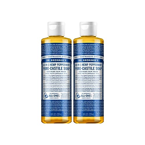 Dr. Bronner's Organic Peppermint Liquid Soap - 18-in-1 All-Purpose Cleaner with Invigorating Peppermint Oil - 8 Oz Size - Gentle Cleansing for Body, Face, Home - Natural, Organic Formula (2-Pack)