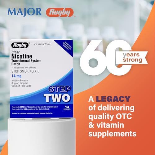 Rugby Clear Nicotine Patches - Transdermal System Patch - Smoking or Vaping Quitting Aid - Step 2-14mg - 14 Count (1 Pack)