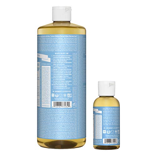 Dr. Bronner's Pure-Castile Liquid Soap  Baby Unscented Bundle. 32 oz. Bottle and 2 oz. Travel Bottle