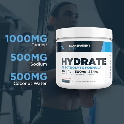 Transparent Labs Hydrate Naturally Sweetened Electrolytes Powder - Hydration Powder Electrolytes with Coconut Water, Calcium, Taurine, & Potassium - 40 Servings, Tropical Punch