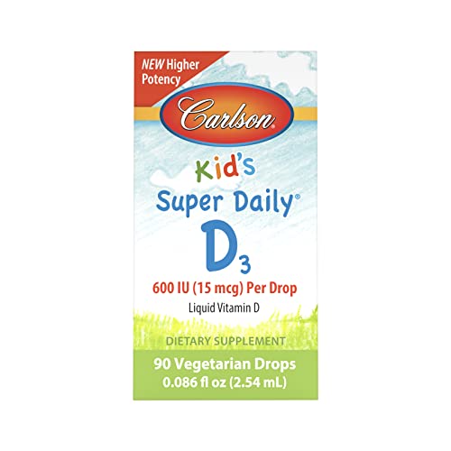 Carlson - Kid's Super Daily D3, Kids Vitamin D Drops, 600 IU (15 mcg) per Drop, Vegetarian, Liquid Vitamin D Drops for Kids, Unflavored, 90 Drops (2.54 mL)