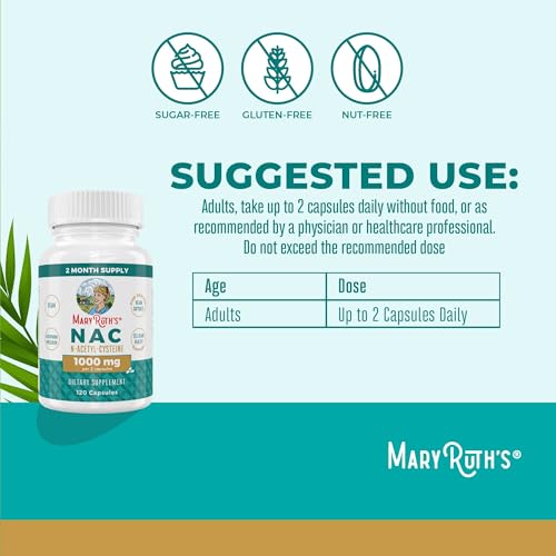 MaryRuth Organics Nutritional Supplement Capsule, N-Acetyl Cysteine, 2 Month Supply, NAC 1000mg Per Serving, Vegan, Non-GMO, Gluten Free, 120 Count