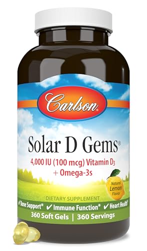 Carlson - Solar D Gems, Vitamin D3 and Omega-3 Supplement, 4000 IU (100 mcg) D3, 115 mg Omega-3 EPA and DHA, Vitamin D Fish Oil Capsule, Bone & Immune Health, Vitamin D Supplement, Lemon, 360 Softgels