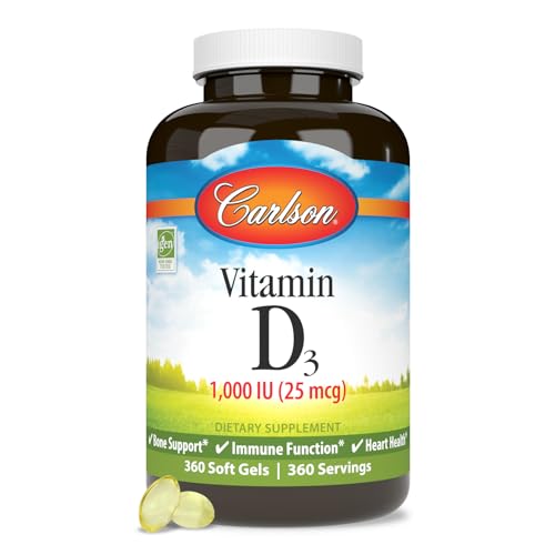Carlson - Vitamin D3, 1000 IU (25 mcg), Bone Health, Muscle Health, Cholecalciferol, Vitamin D Supplements, Vitamin D3 Soft Gels, 360 Softgels