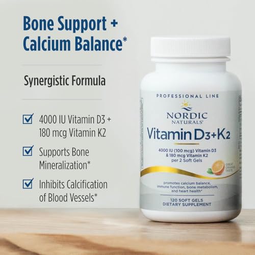 Nordic Naturals Professional Grade Vitamin D3+K2 Supplement, Orange Flavor - 60 Soft Gels - 4000 IU Vitamin D3 & 180 mcg K2- Promotes Calcium Balance & Immune Function - Non-GMO - 30 Servings