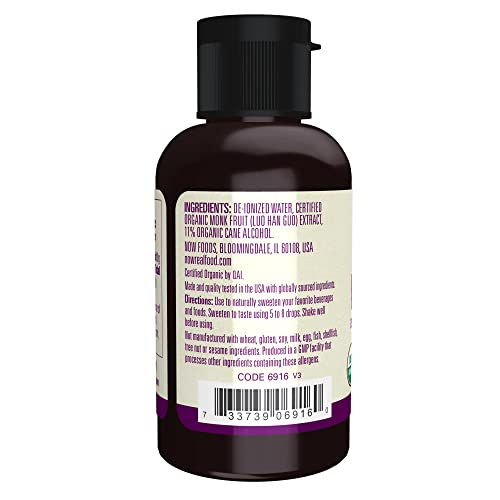 NOW Foods, Certified Organic Monk Fruit Liquid, Zero-Calorie Liquid Sweetener, Non-GMO, Low Glycemic Impact, 2-Ounce