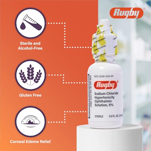 Rugby Sodium Chloride Hypertonicity Ophthalmic Eye Solution 5% - Sodium Chloride Eye Drops for Temporary Corneal Edema Symptom Support - Alcohol-Free - 0.5 Fl. Oz.