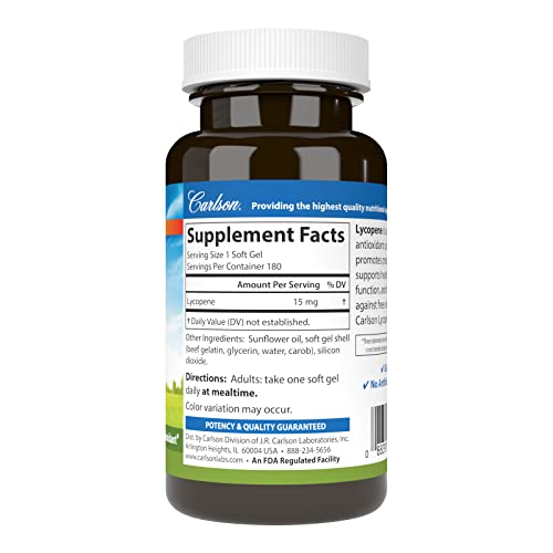 Carlson - Lycopene, 15 mg, Tomato-Free, Prostate Health & Circulation Support, Optimal Wellness, 180 Softgels