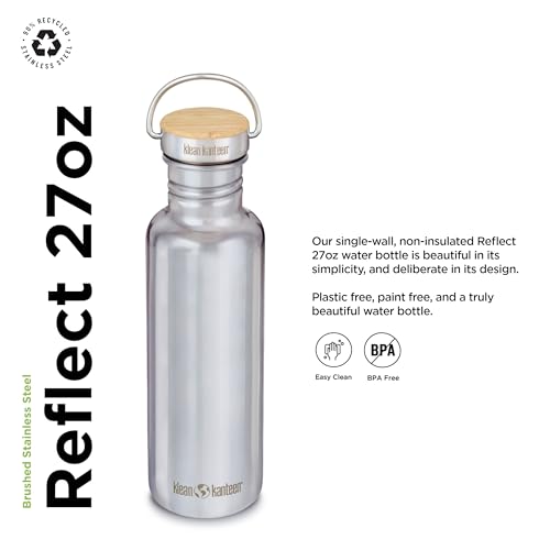 Klean Kanteen 27 oz Reflect Water Bottle with Bamboo Cap - Reusable Water Bottle - BPA-Free - Made with Stainless Steel & Food-Grade Silicone - Brushed Stainless, 27 oz