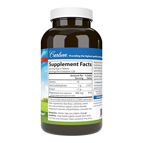 Carlson - Magnesium Glycinate, 200 mg, Superior Absorption, Heart Health, Muscle Function, Bone Support, 240 Tablets