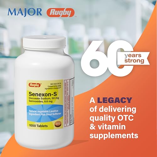 Rugby Senexon-S Natural Vegetable Laxative Plus Stool Softener - Docusate Sodium, 50 mg - Sennosides, 8.6 mg - 1000 Tablets