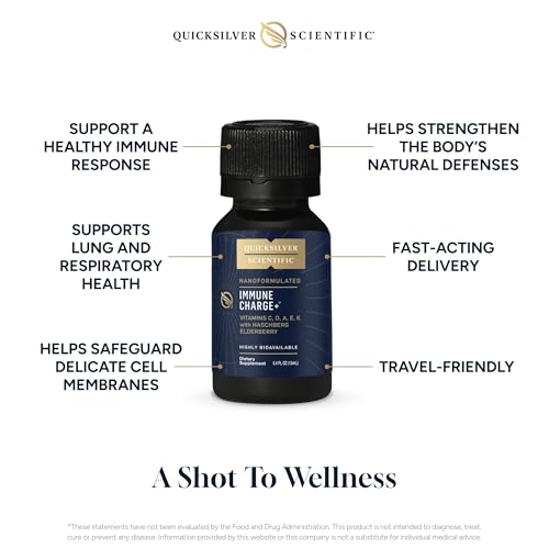 Quicksilver Scientific Immune Charge+ - Portable Wellness Shots with Elderberry, Vitamin C, E, K1, K2, 10,000 IU Vitamin D for Optimal Immune System Support (12 Single Serving Shots)