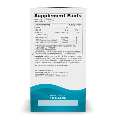 Nordic Naturals Ultimate Omega Xtra, Lemon Flavor - 60 Soft Gels - 1480 mg Omega-3 + 1000 IU Vitamin D3 - EPA & DHA - Brain, Heart, & Immune Health - 30 Servings