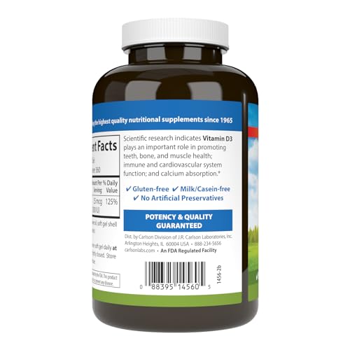 Carlson - Vitamin D3, 1000 IU (25 mcg), Bone Health, Muscle Health, Cholecalciferol, Vitamin D Supplements, Vitamin D3 Soft Gels, 360 Softgels