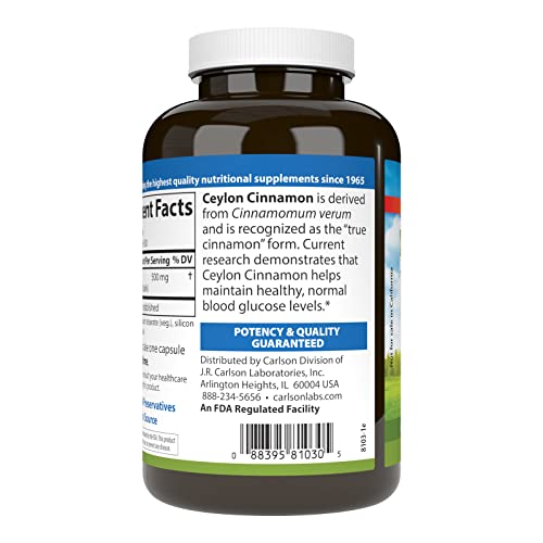 Carlson - Ceylon Cinnamon, Cinnamon Supplements, 500 mg, Cinnamon Extract Pills, Ceylon Cinnamon Capsules, 180 capsules