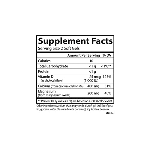 Carlson - Cal-Mag Gels, 2:1 Calcium to Magnesium Ratio, Calcium Magnesium Supplement & Vitamin D, 200 mg Calcium Supplement, 100 mg Magnesium Supplement, Bone Support, Energy Production, 250 Softgels