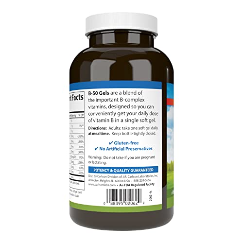 Carlson - B-50 Gels, Vitamin B Complex, Energy Production, Cellular Support & Optimal Wellness, 200 Softgels