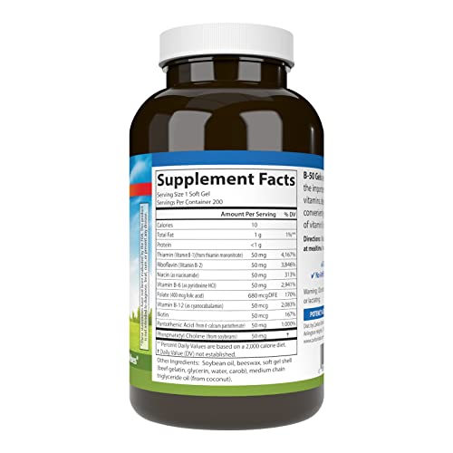 Carlson - B-50 Gels, Vitamin B Complex, Energy Production, Cellular Support & Optimal Wellness, 200 Softgels