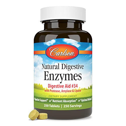 Carlson - Natural Digestive Enzymes, Digestive Aid #34 with Protease, Amylase & Lipase, Digestive Support, Nutrient Absorption & Optimal Wellness, 250 Tablets