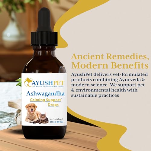 Ayush Pet Stress Support Ashwagandha Drops, Calm and Focus for Dogs or Cats, Alcohol Free Supplement, 2 oz.