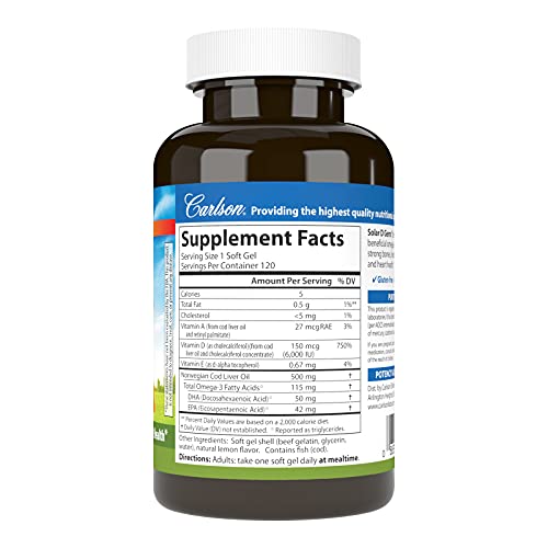 Carlson - Solar D Gems, Vitamin D3 and Omega-3 Supplement, 6000 IU (150 mcg) Vitamin D3, 115 mg Omega-3s EPA and DHA Supplement, Wild Caught, Sustainably Sourced, Lemon, 120 Softgels