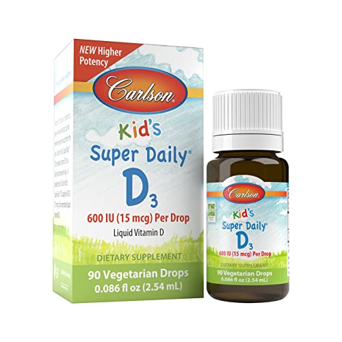 Carlson - Kid's Super Daily D3, Kids Vitamin D Drops, 600 IU (15 mcg) per Drop, Vegetarian, Liquid Vitamin D Drops for Kids, Unflavored, 90 Drops (2.54 mL)