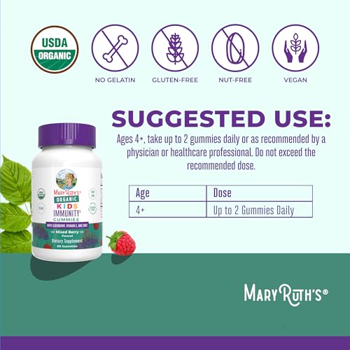 MaryRuth Organics Kids Immune Support Gummies | USDA Organic | Vitamin C, Zinc, and Elderberry Gummies for Kids| Immune Support for Ages 4+ | Vegan | Non-GMO | Gluten Free | 60 Count