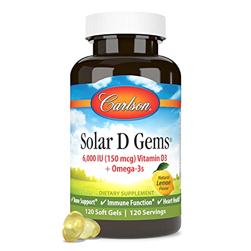 Carlson - Solar D Gems, Vitamin D3 and Omega-3 Supplement, 6000 IU (150 mcg) Vitamin D3, 115 mg Omega-3s EPA and DHA Supplement, Wild Caught, Sustainably Sourced, Lemon, 120 Softgels