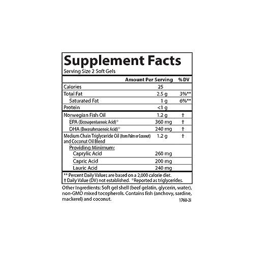 Carlson - MCT & Omega-3, Coconut Oil, Caprylic & Capric Acids, EPA & DHA, Energy Production, Fat Metabolism & Brain Health, 60 Softgels