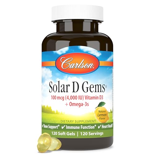 Carlson - Solar D Gems, Vitamin D3 and Omega-3 Supplement, 4000 IU (100 mcg) D3, 115 mg Omega-3 EPA and DHA, Vitamin D Fish Oil Capsule, Bone & Immune Health, Vitamin D Supplement, Lemon, 120 Softgels