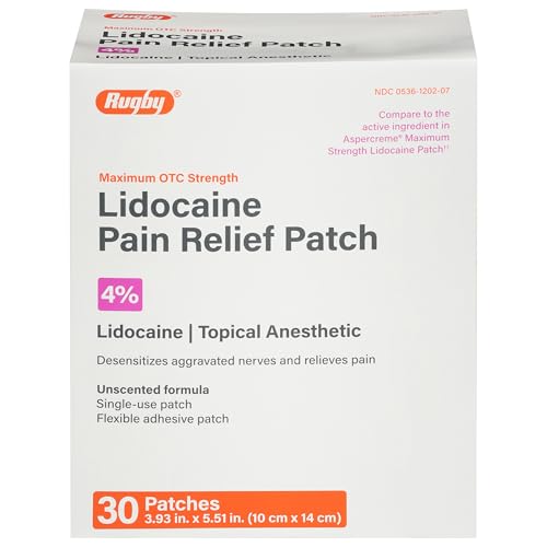 Rugby Maximum Strength Lidocaine Pain Relief Patch - 4% Lidocaine - Topical Anesthetic - Unscented - 30 Patches (1 Pack)